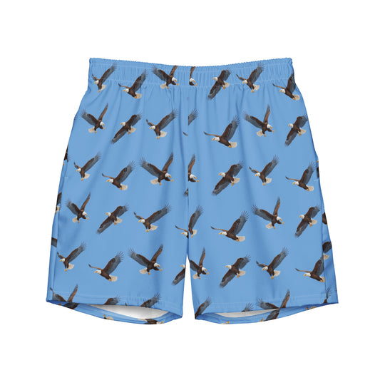 Blue swim trunks with pattern of bald eagles.