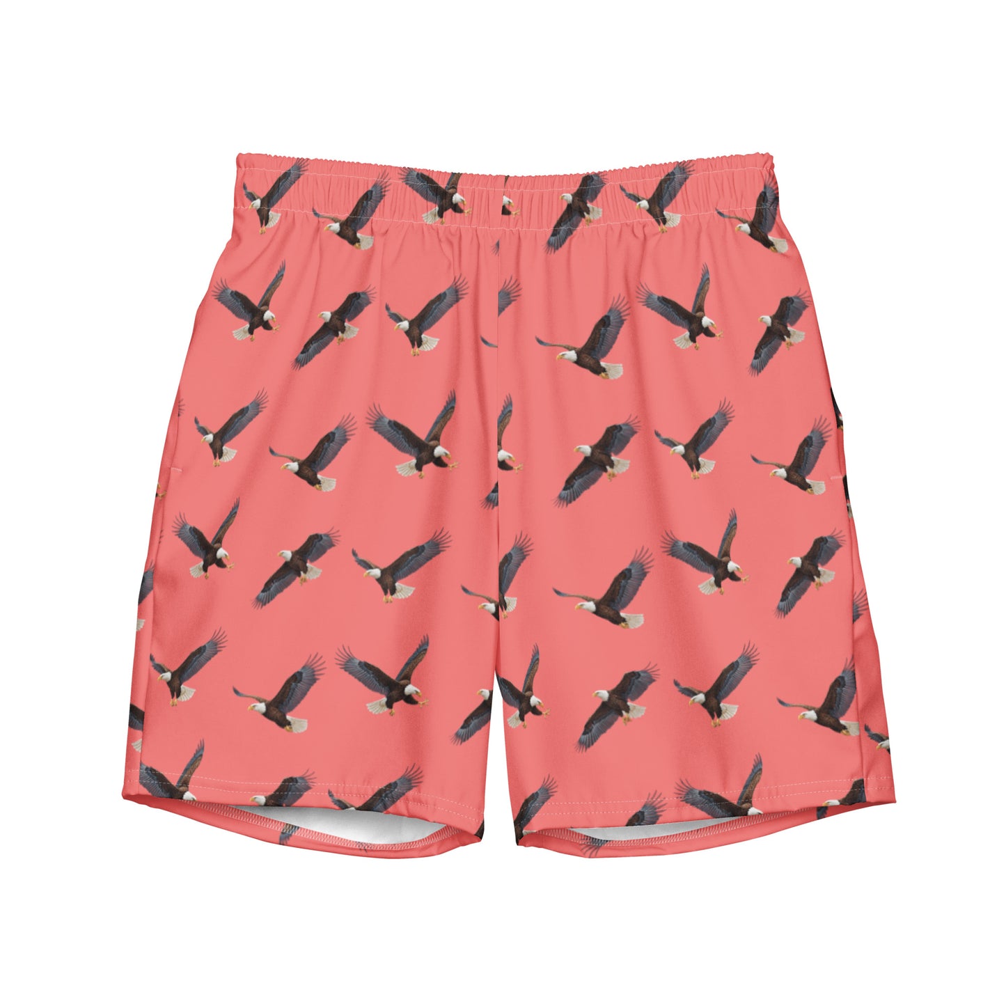 Red swim trunks with pattern of bald eagles.