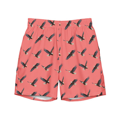 Red swim trunks with pattern of bald eagles.