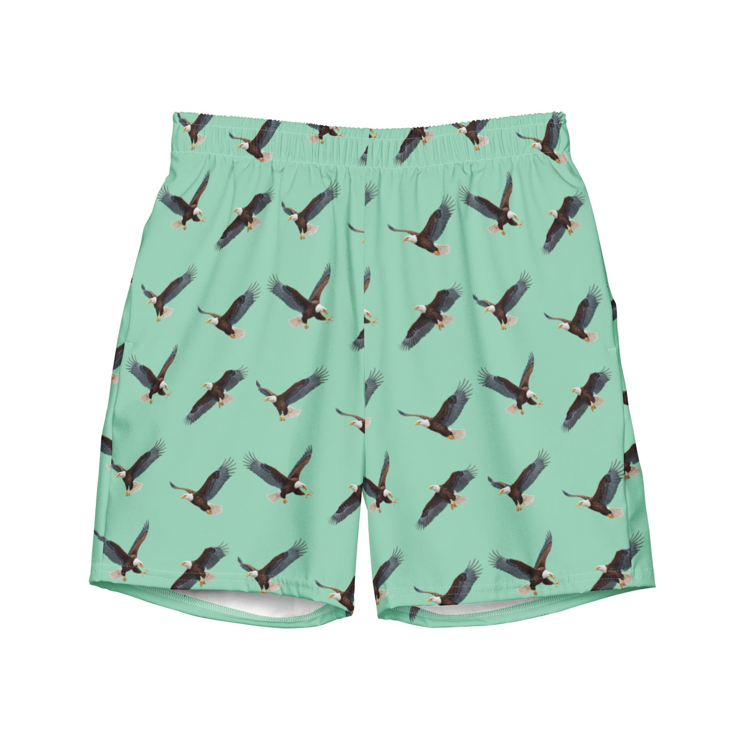 Green swim trunks with pattern of bald eagles.