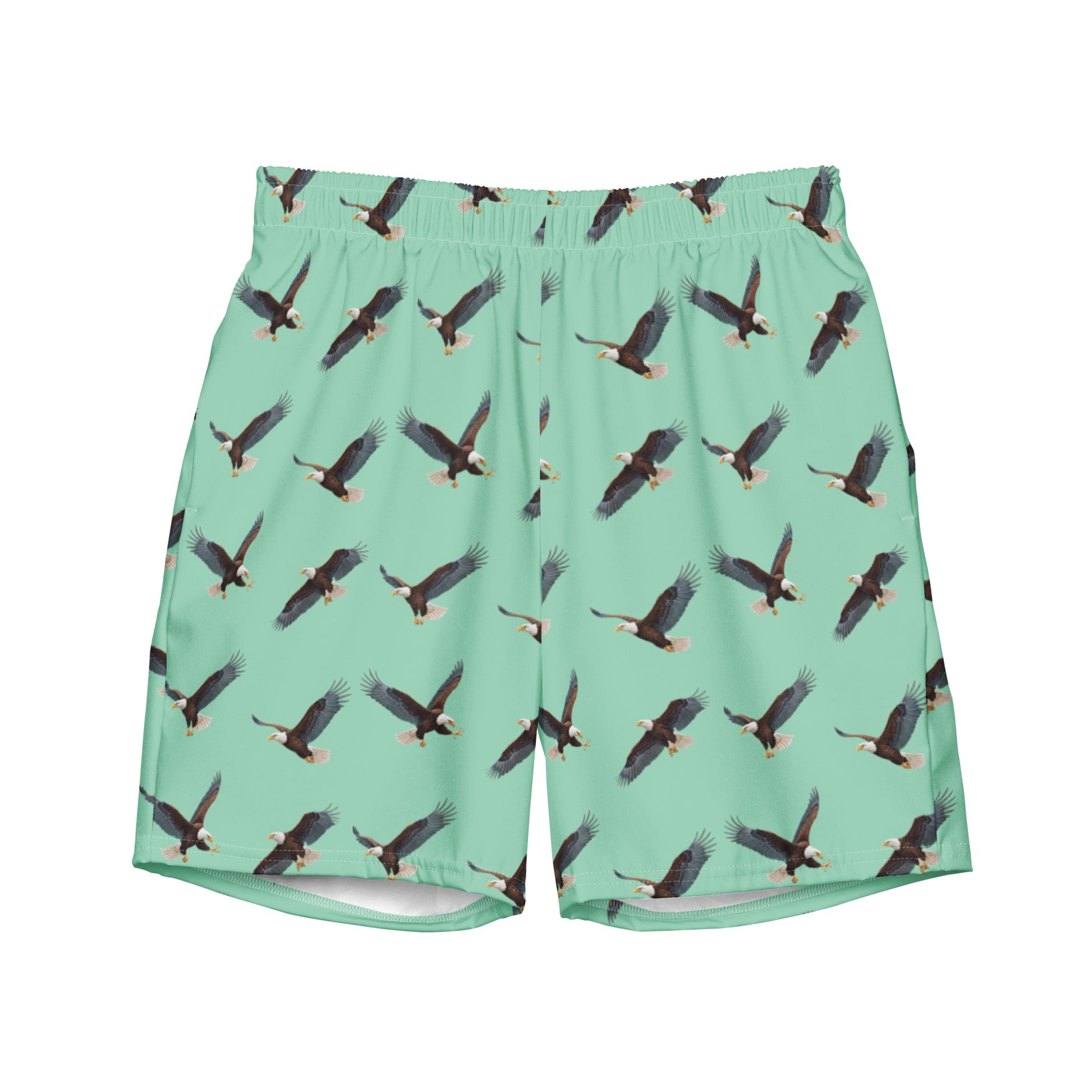 Green swim trunks with pattern of bald eagles.