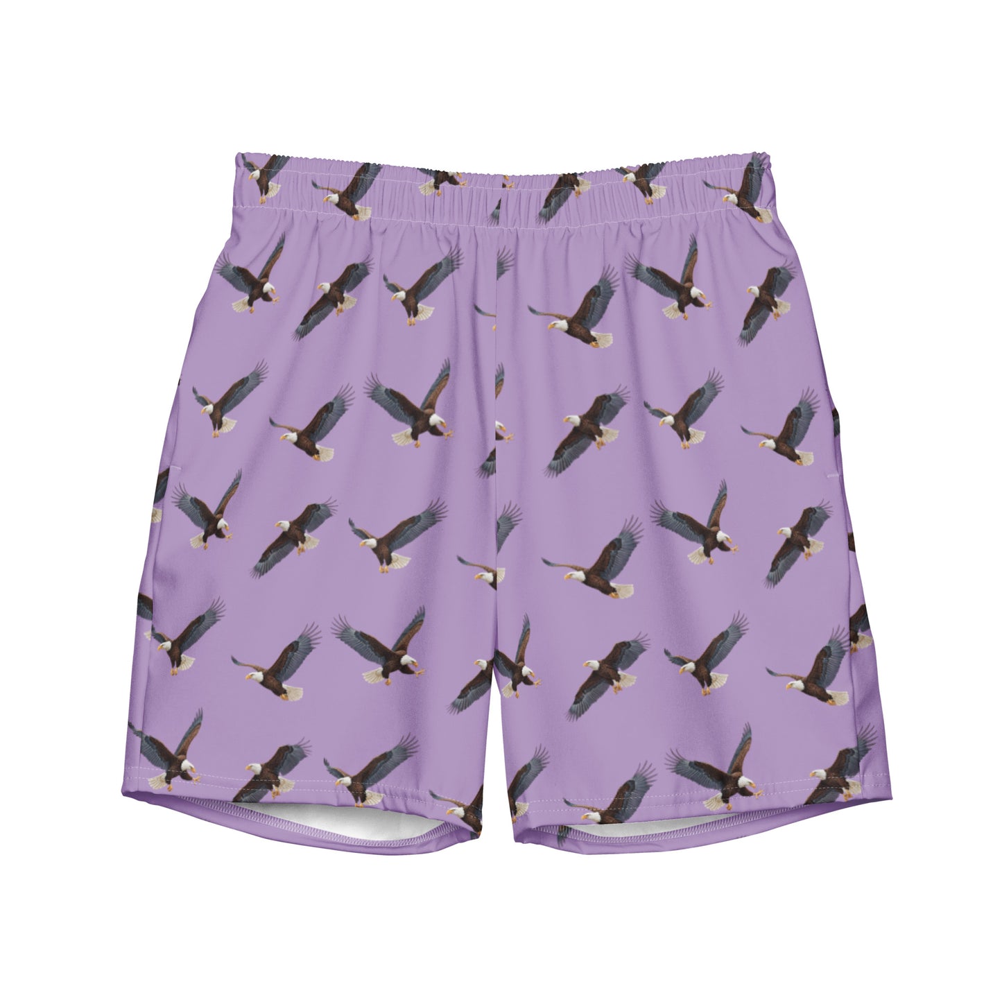 Purple swim trunks with pattern of bald eagles.