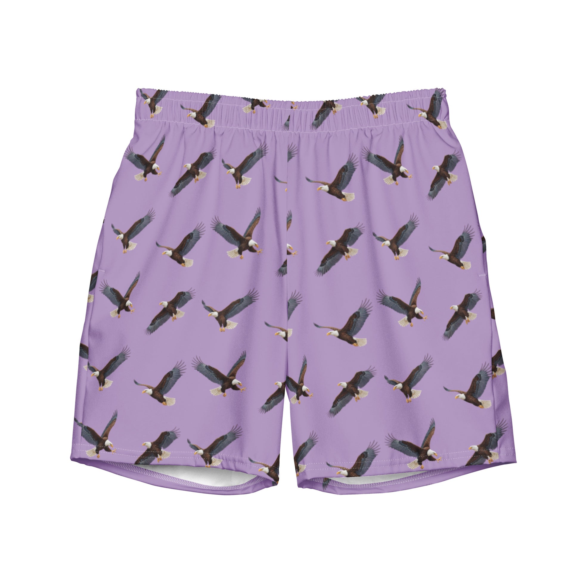 Purple swim trunks with pattern of bald eagles.