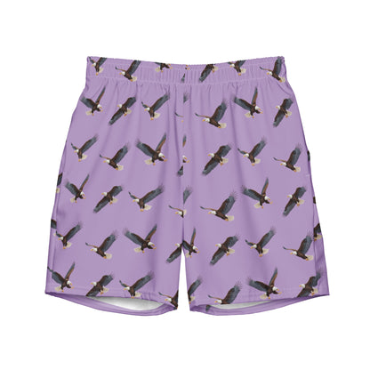 Purple swim trunks with pattern of bald eagles.