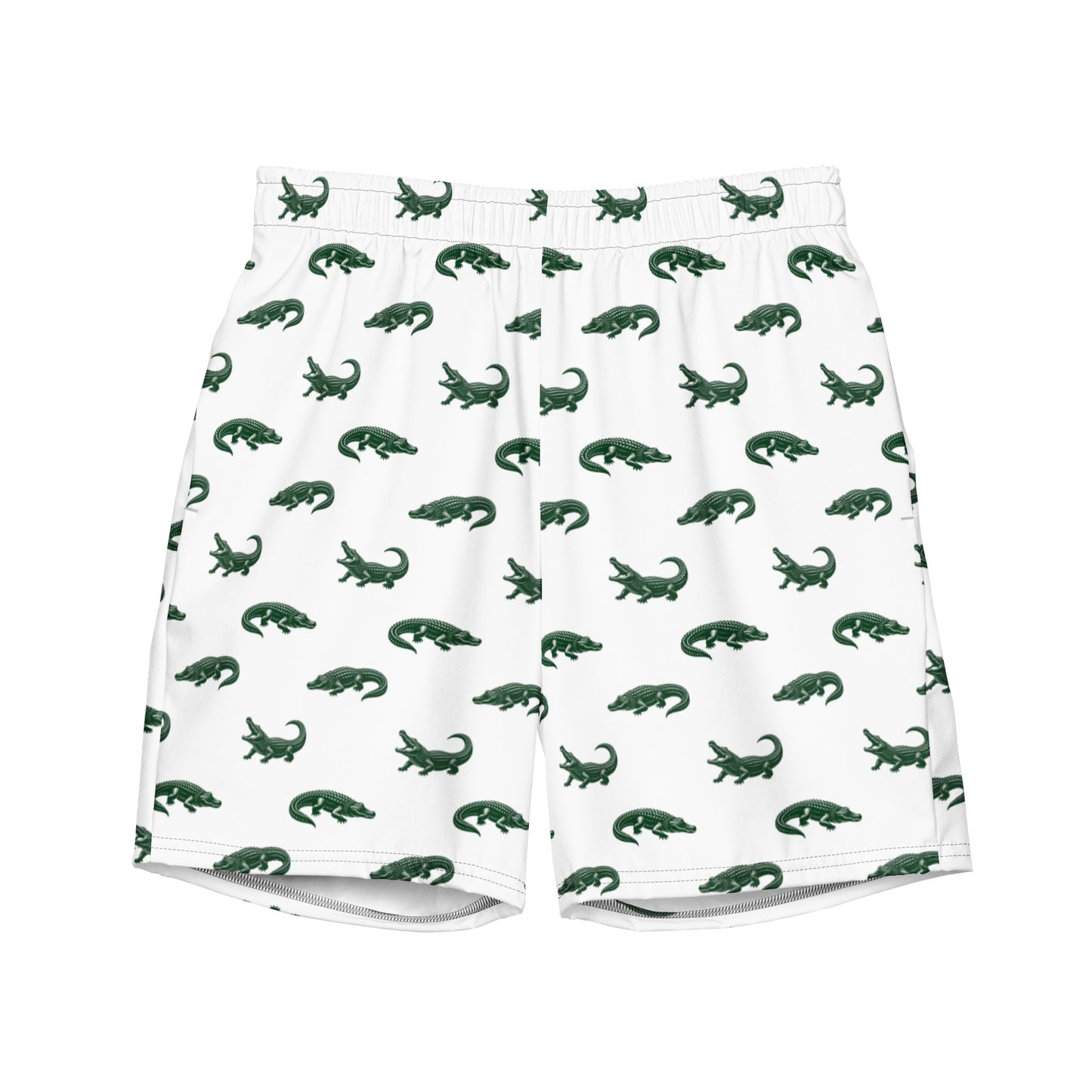 White swim trunks with pattern of green alligators.