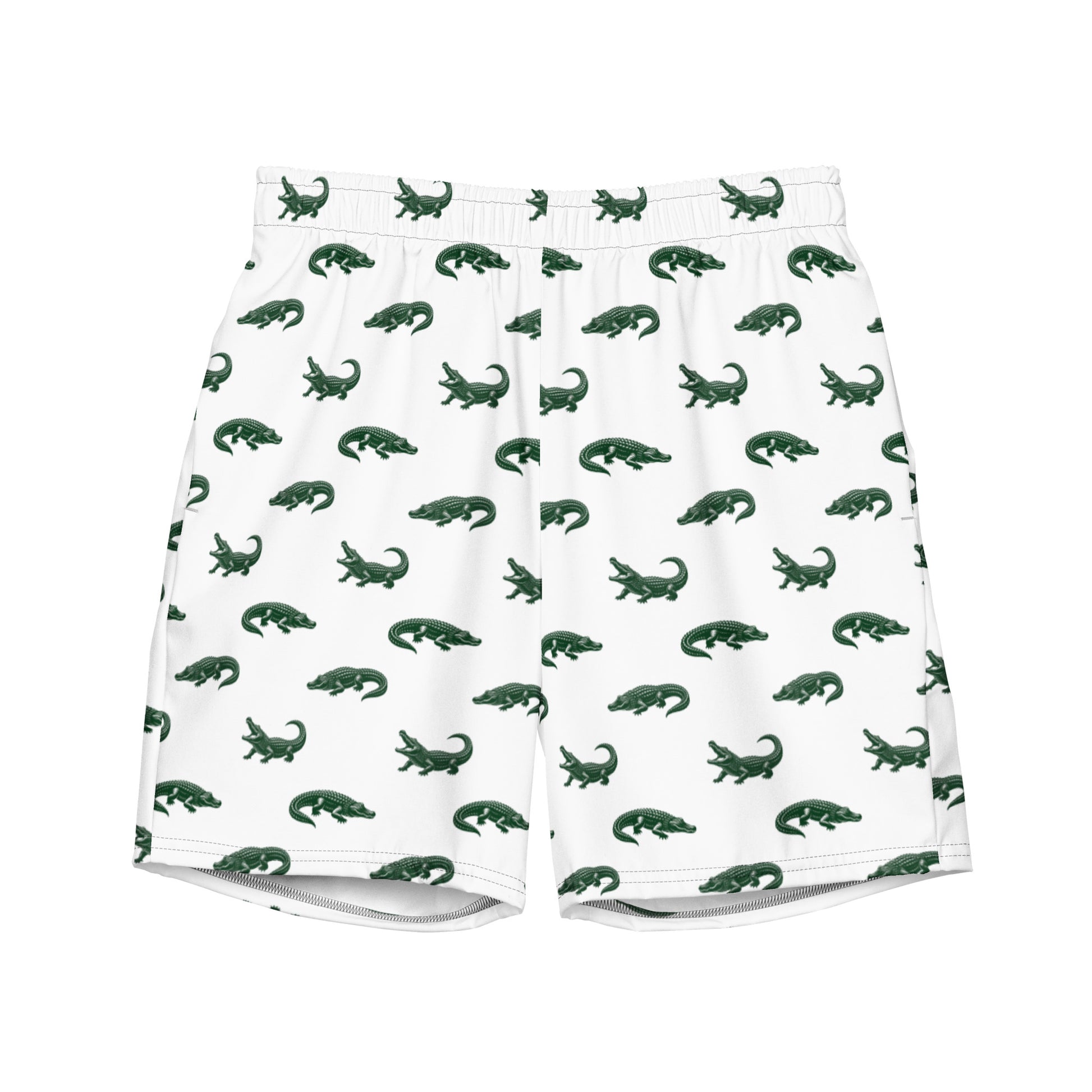 White swim trunks with pattern of green alligators.