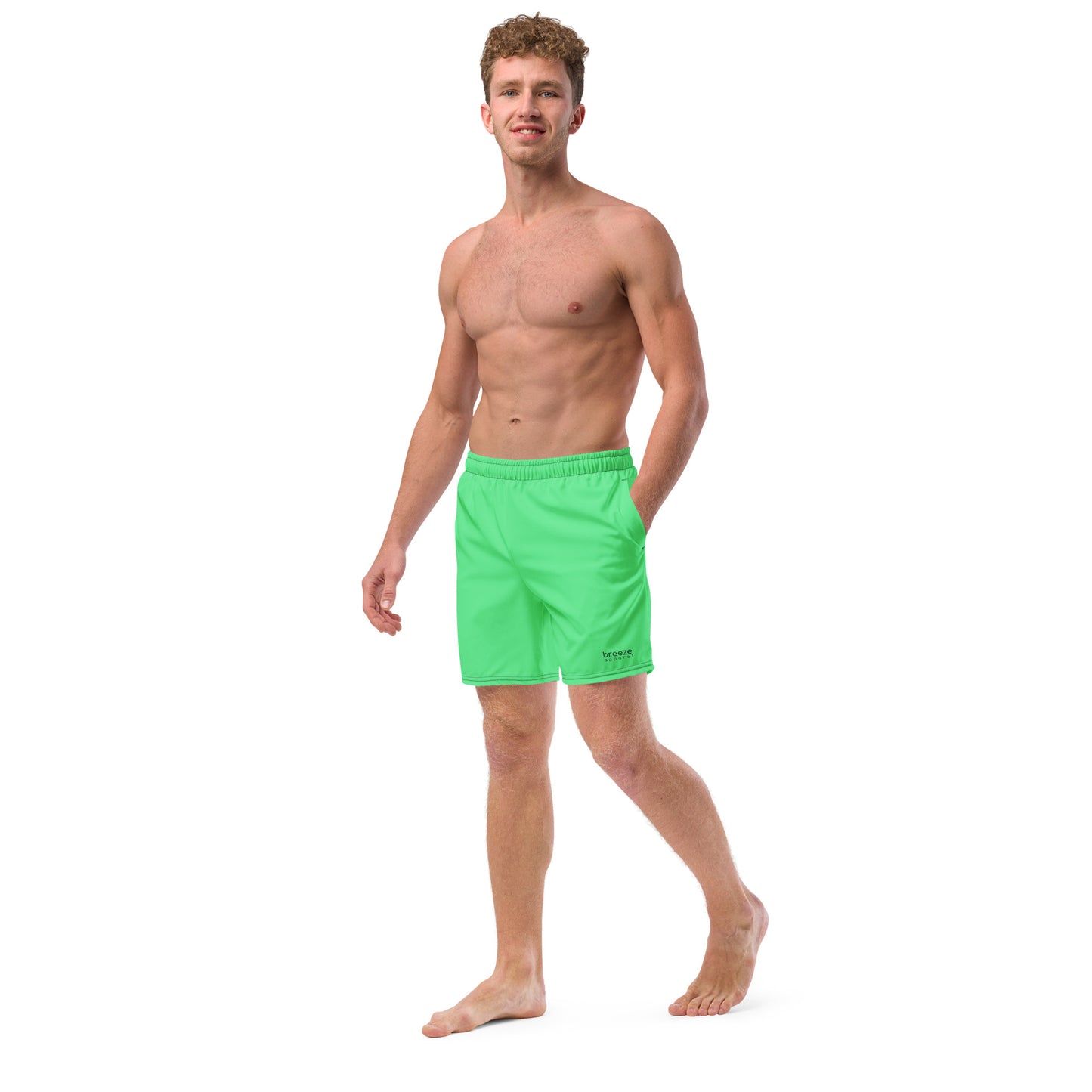 Man wearing mint-green swim trunks.