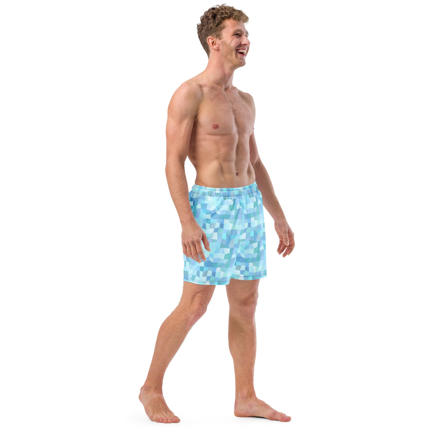 Man wearing swim trunks with light-blue geometric pattern.