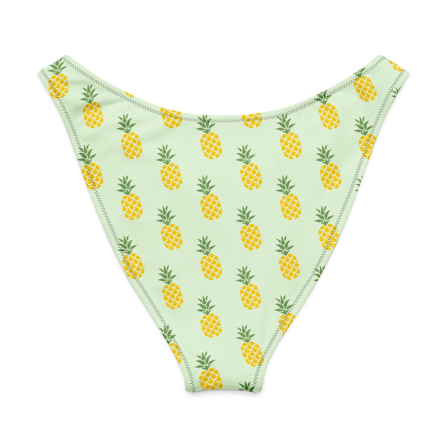 Back of bikini bottom with an all-over pineapple design set on a light-green background.