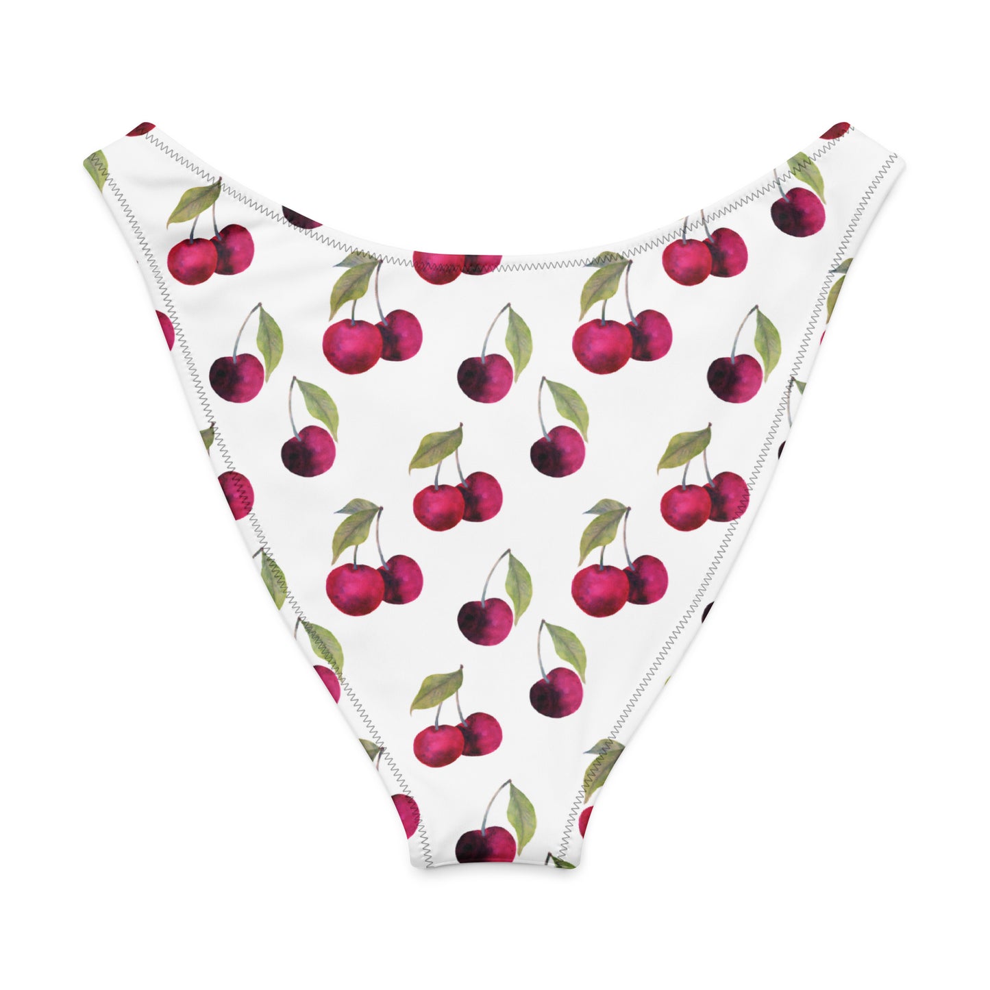 Back of white bikini bottom with all-over cherries design.