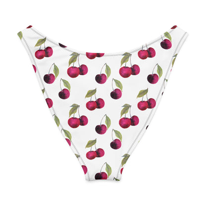 Back of white bikini bottom with all-over cherries design.