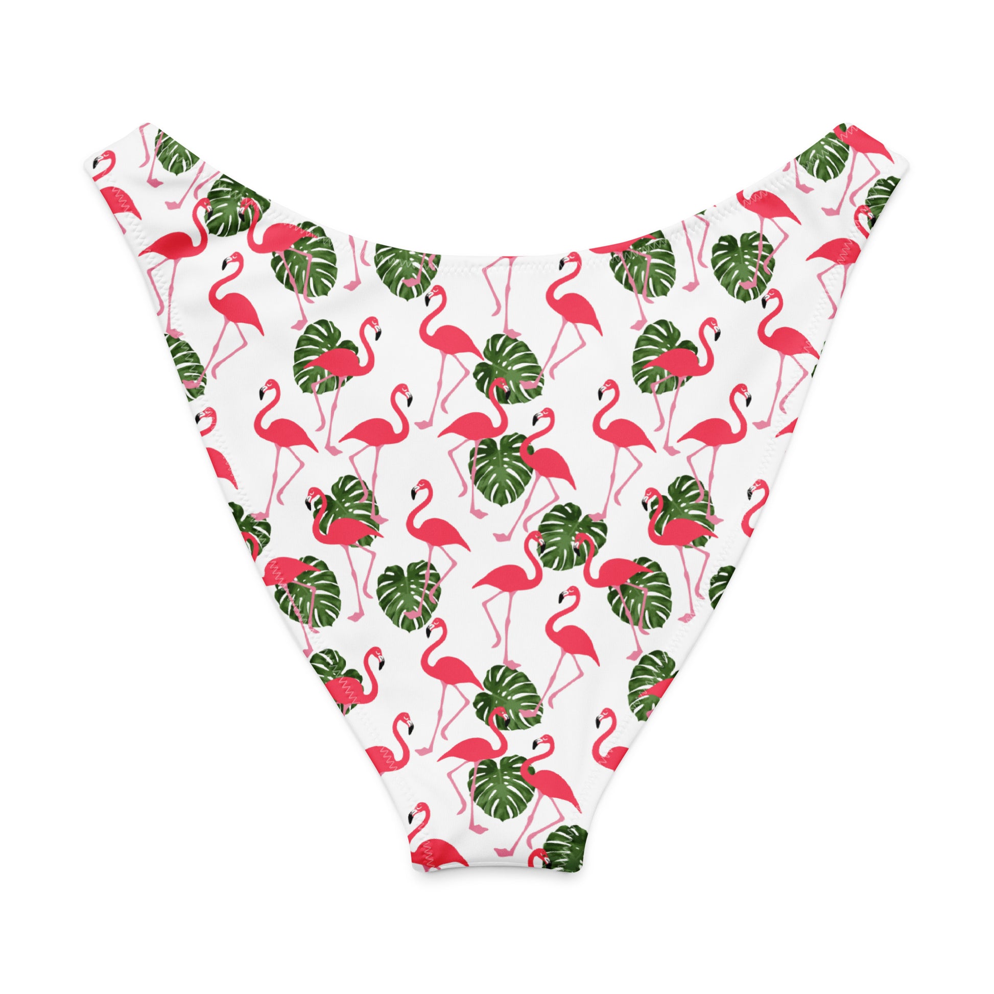 Back of white bikini bottom with all-over flamingos design.