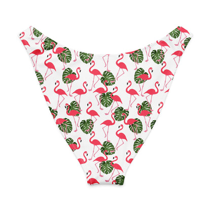 Back of white bikini bottom with all-over flamingos design.