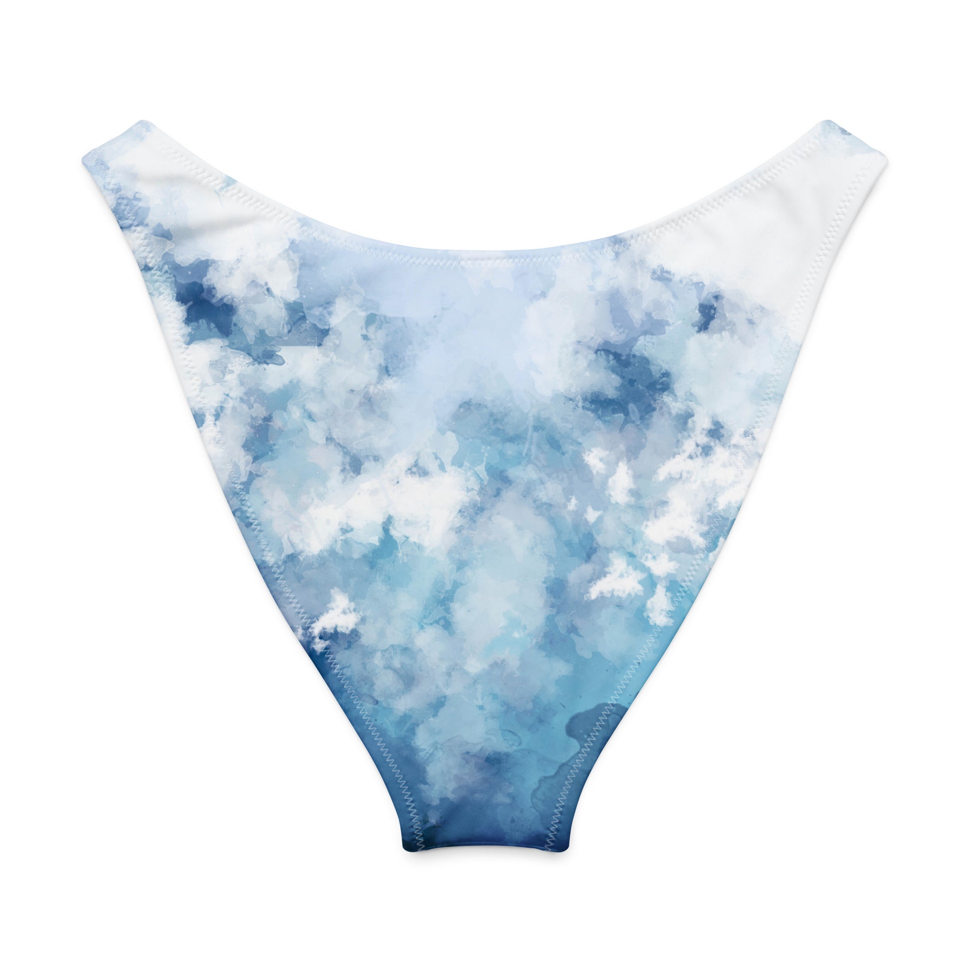 Back of bikini bottom with a blue-white, watercolor-like design.