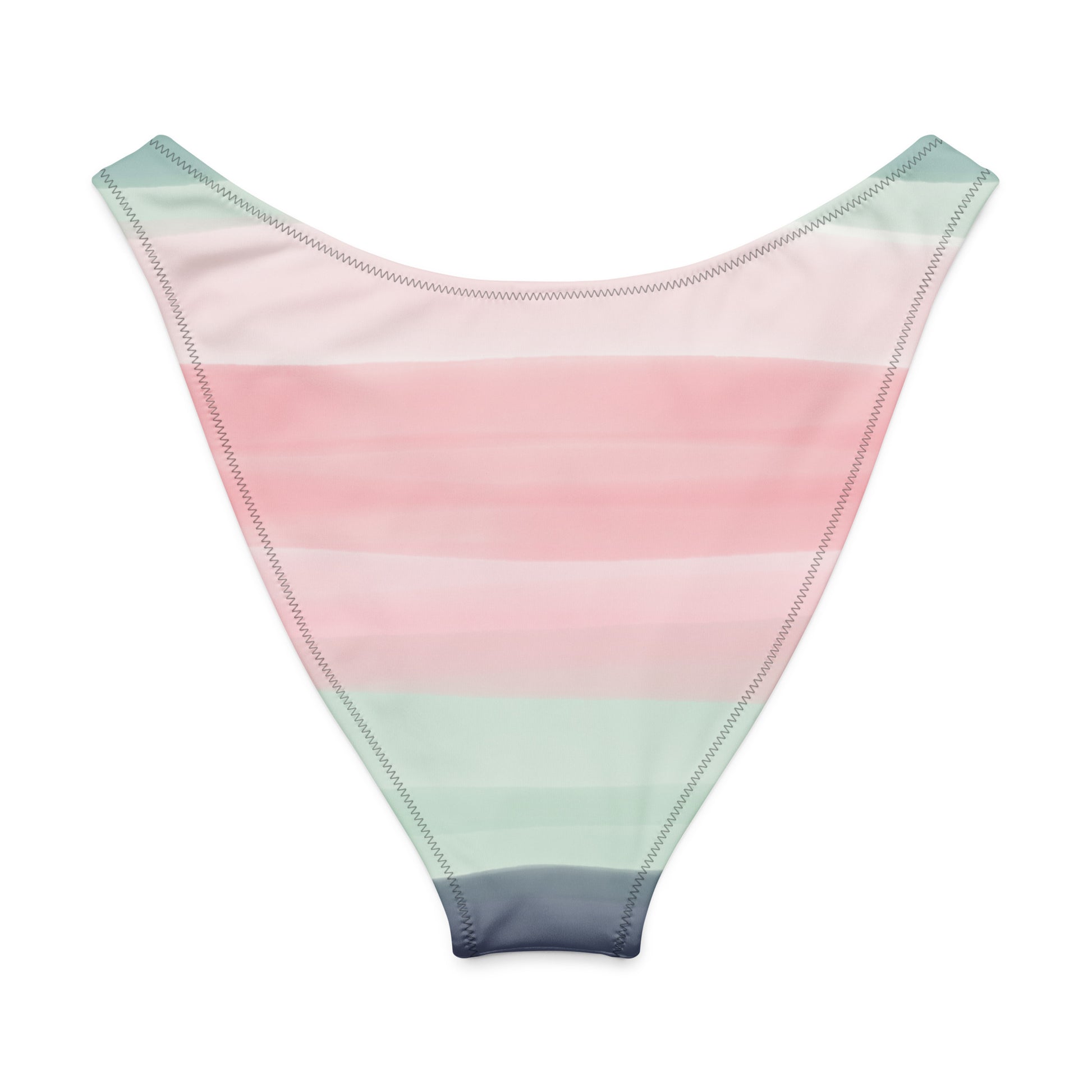 Back of bikini bottom with colors light pastel green, shades of pink, in stripes and in a watercolor style.
