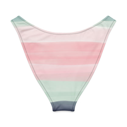 Back of bikini bottom with colors light pastel green, shades of pink, in stripes and in a watercolor style.
