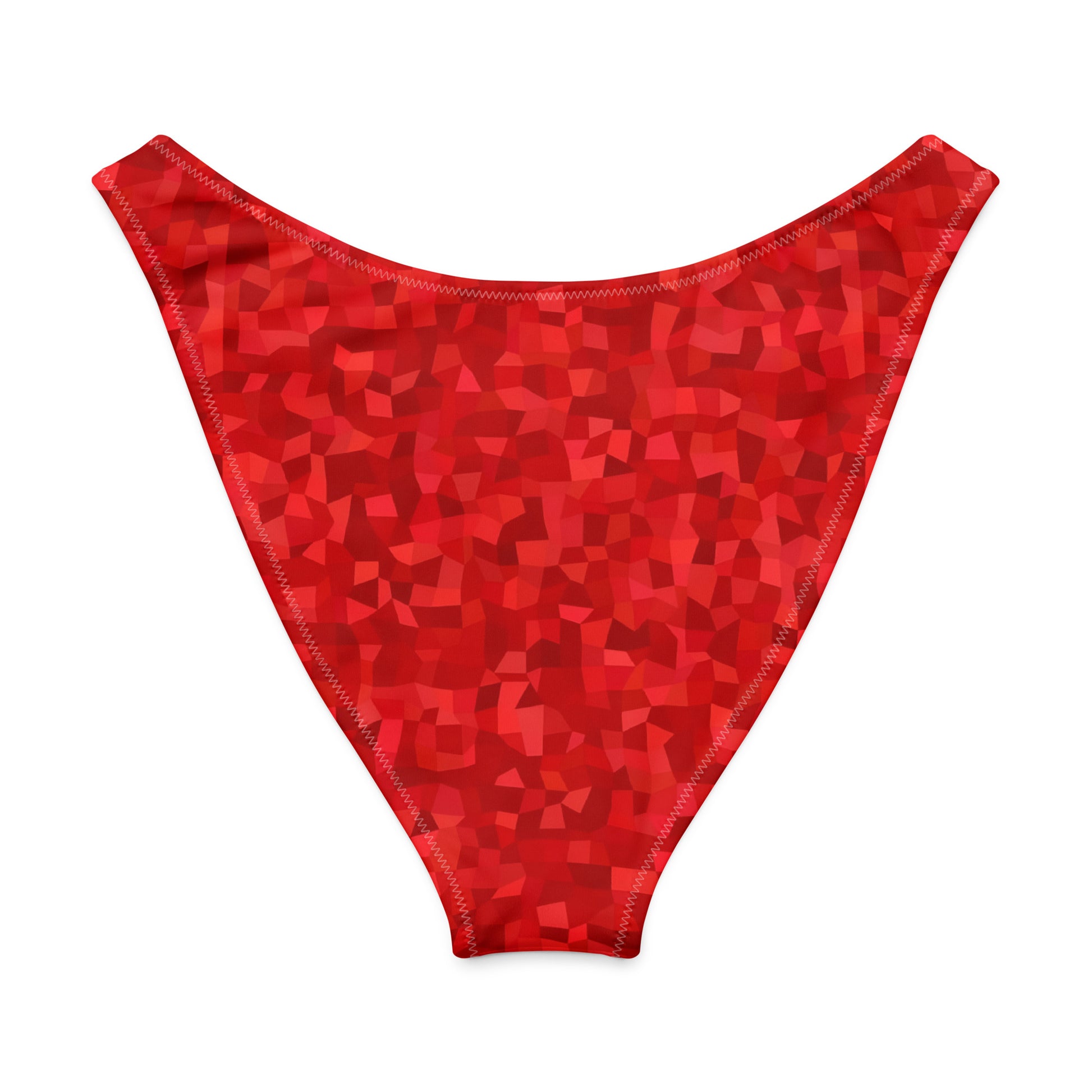 Back of bikini bottom with red geometric pattern.