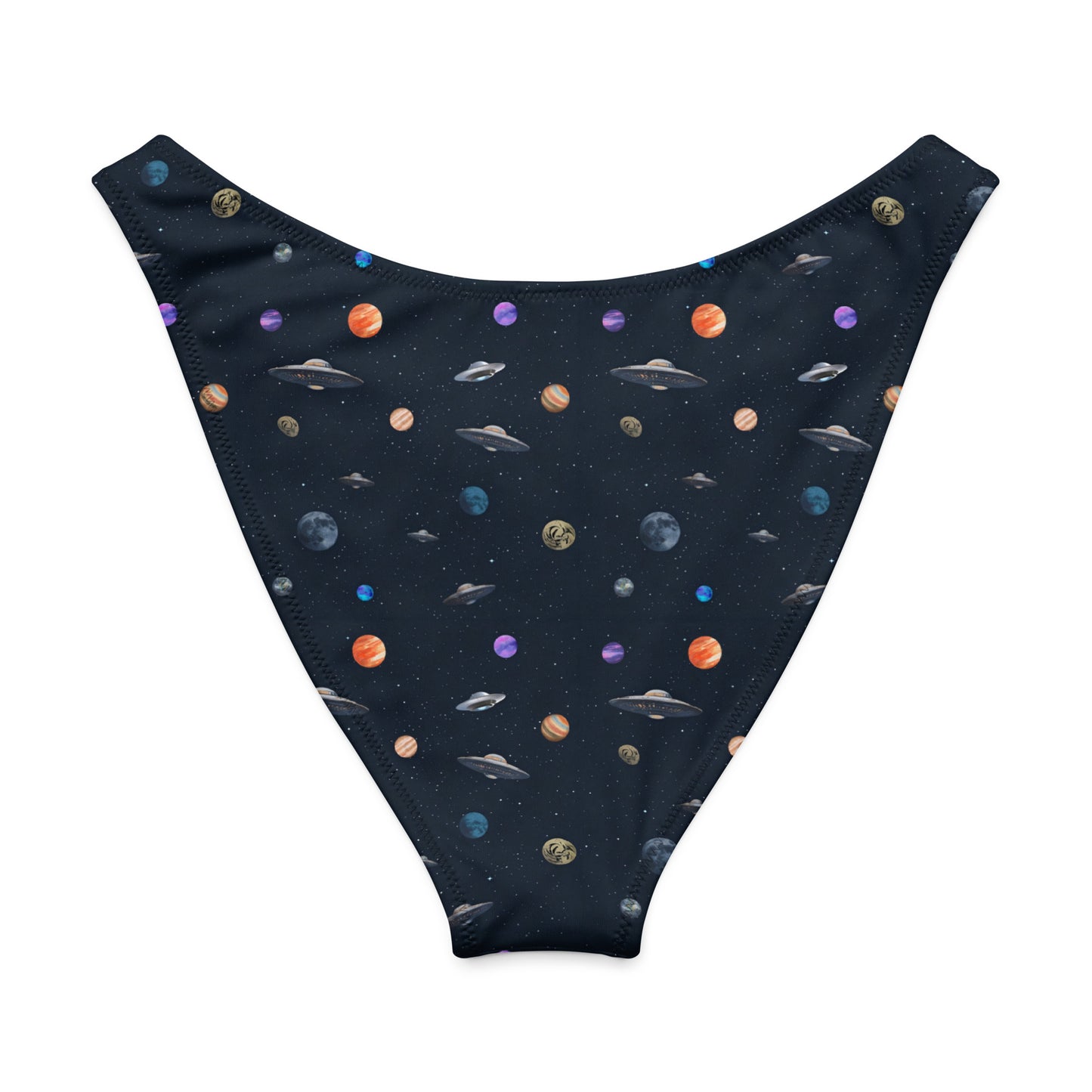 Bikini bottom with pattern of UFOs and planets in space.