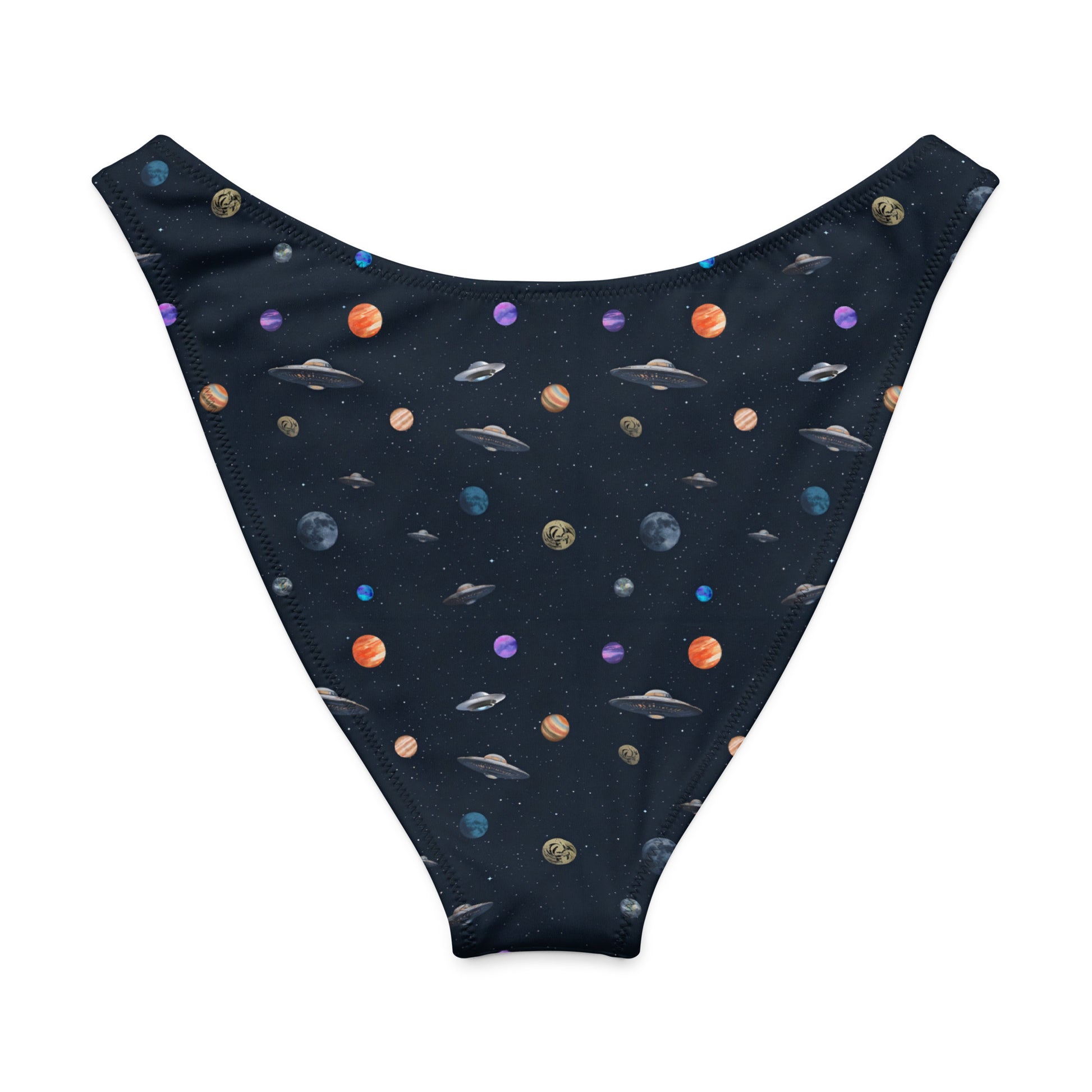 Bikini bottom with pattern of UFOs and planets in space.