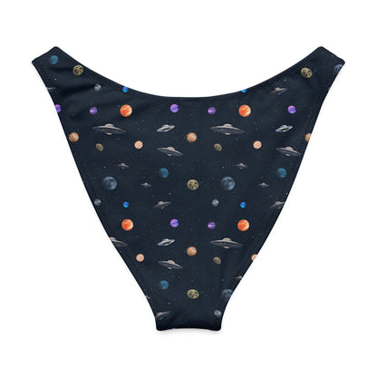 Bikini bottom with pattern of UFOs and planets in space.