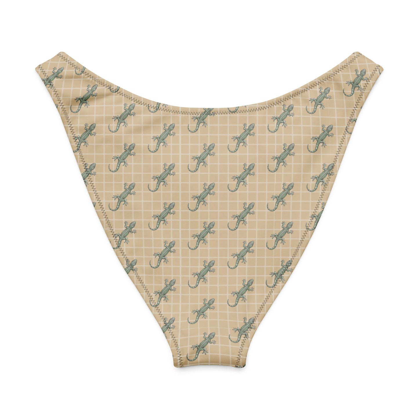 Beige bikini bottom with pattern of green geckos.