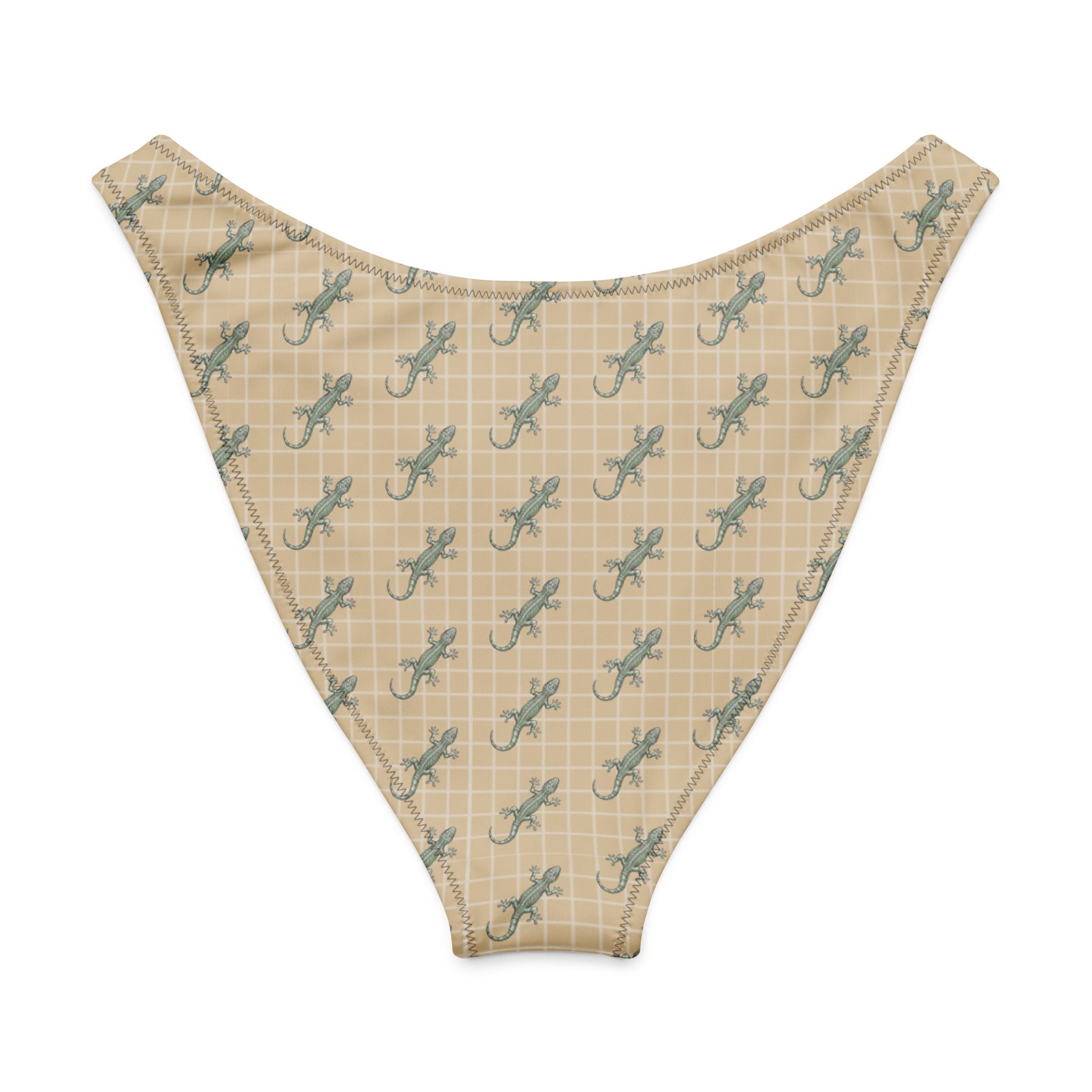 Beige bikini bottom with pattern of green geckos.