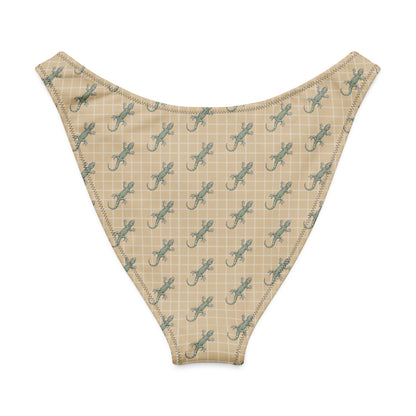 Beige bikini bottom with pattern of green geckos.