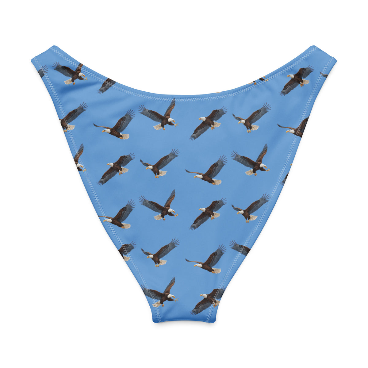 Blue bikini bottom with pattern of bald eagles.