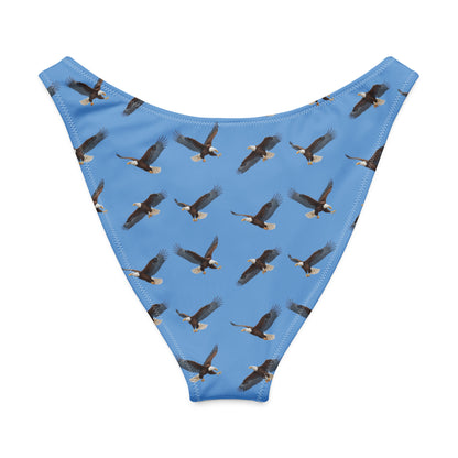 Blue bikini bottom with pattern of bald eagles.
