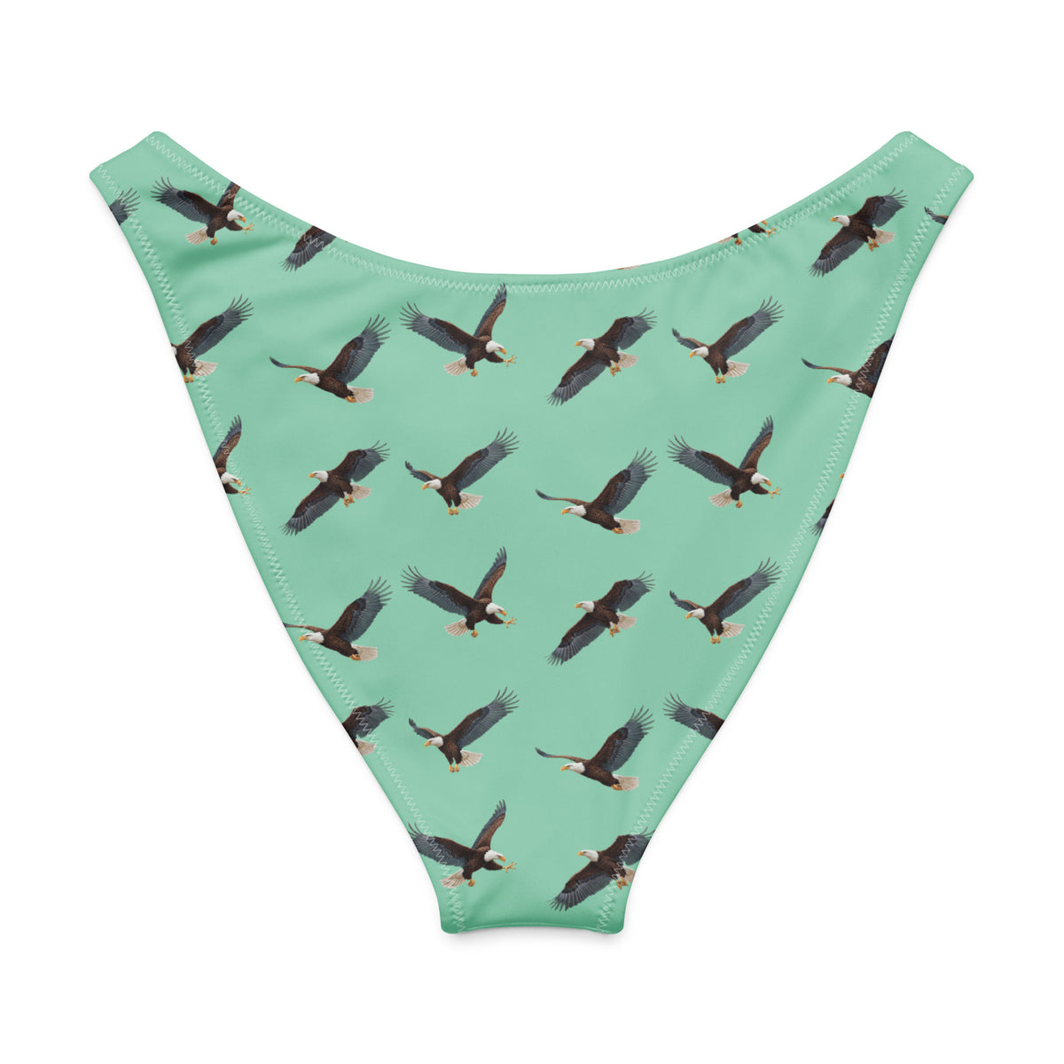 Green bikini bottom with pattern of bald eagles.