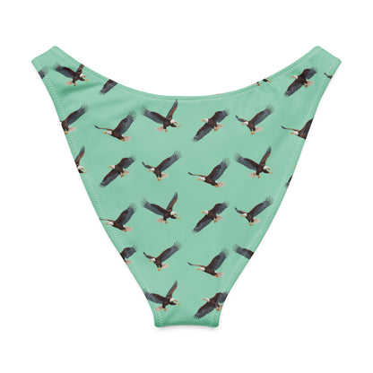 Green bikini bottom with pattern of bald eagles.
