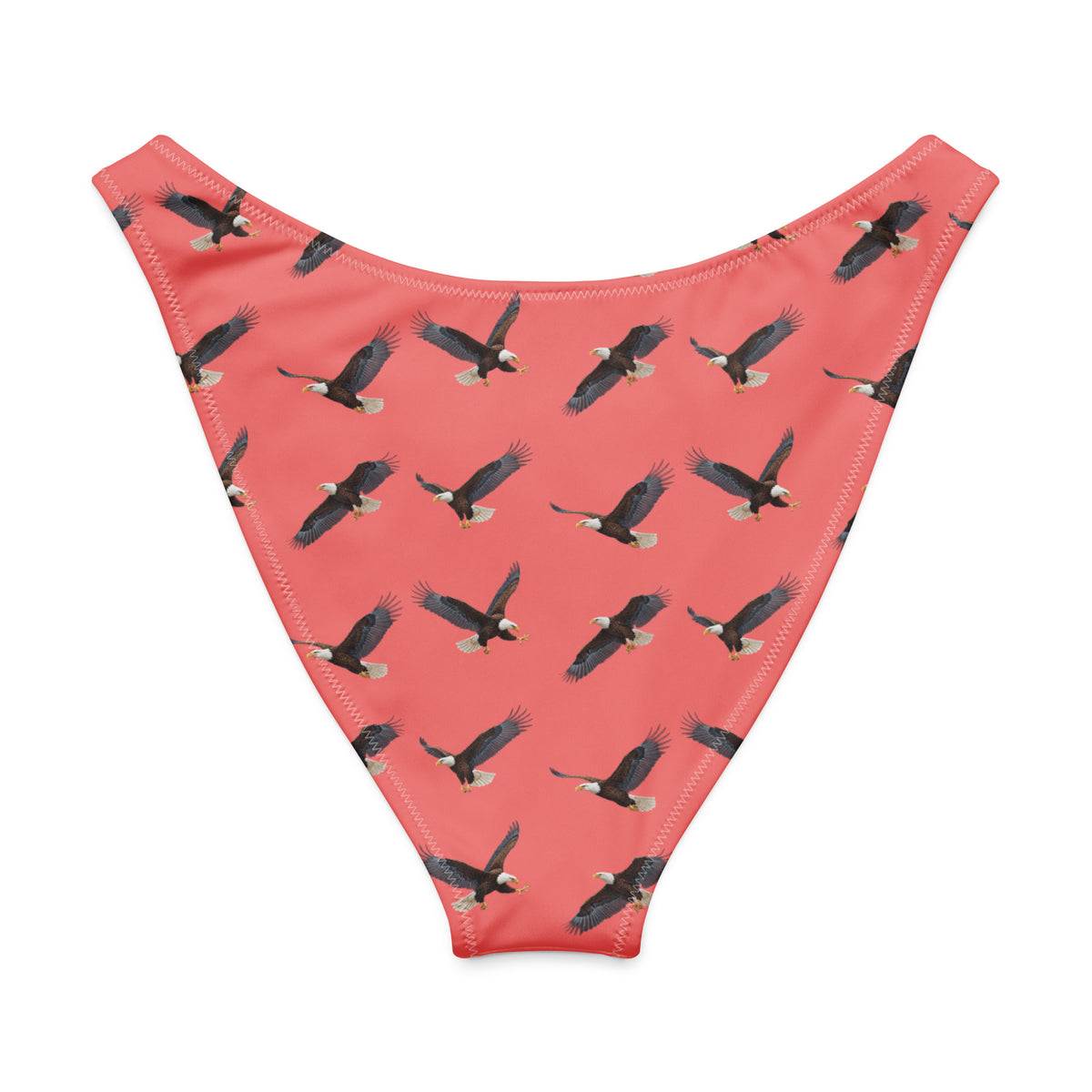 Red bikini bottom with pattern of bald eagles.