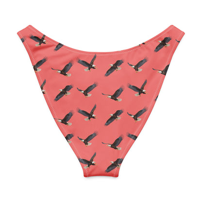 Red bikini bottom with pattern of bald eagles.