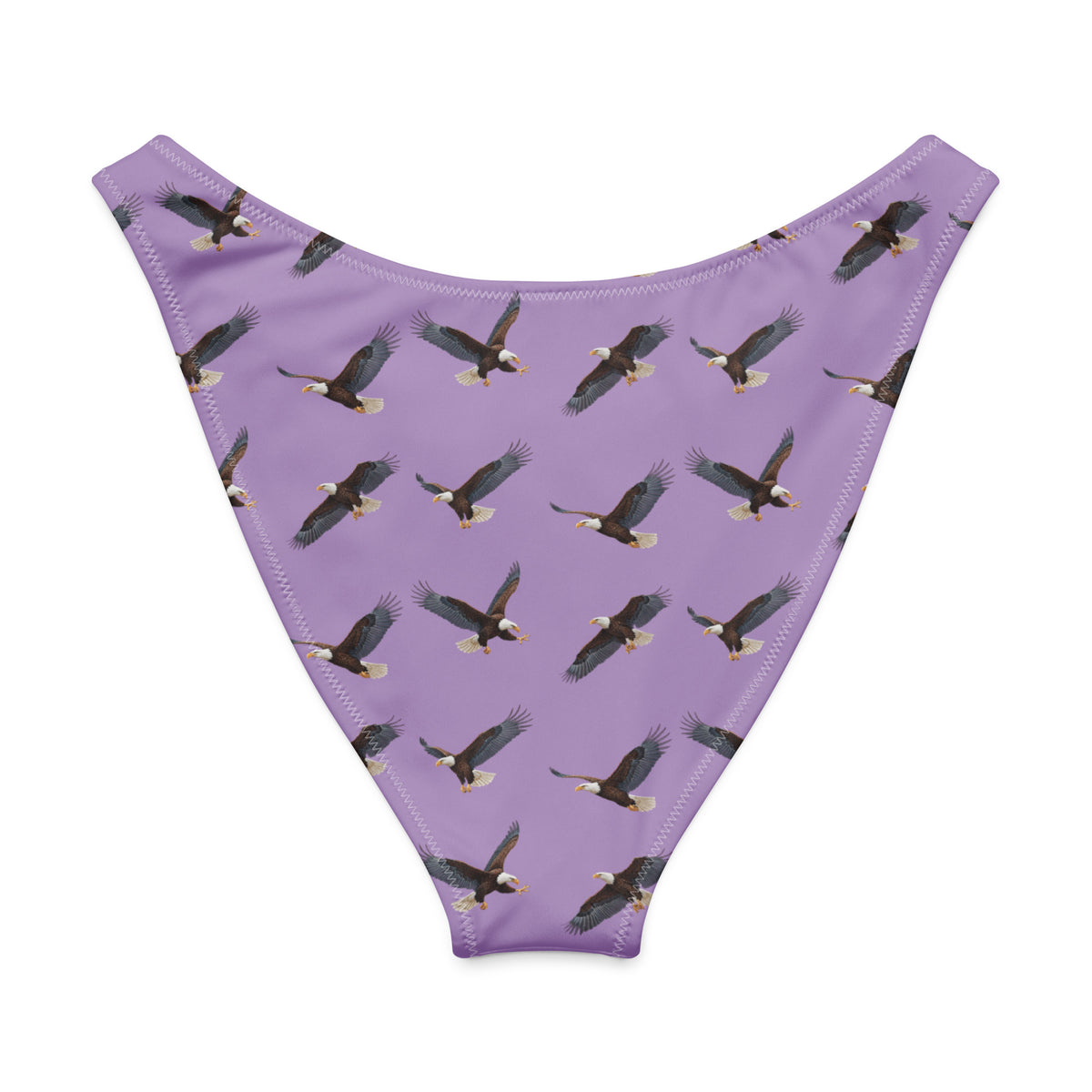 Purple bikini bottom with pattern of bald eagles.