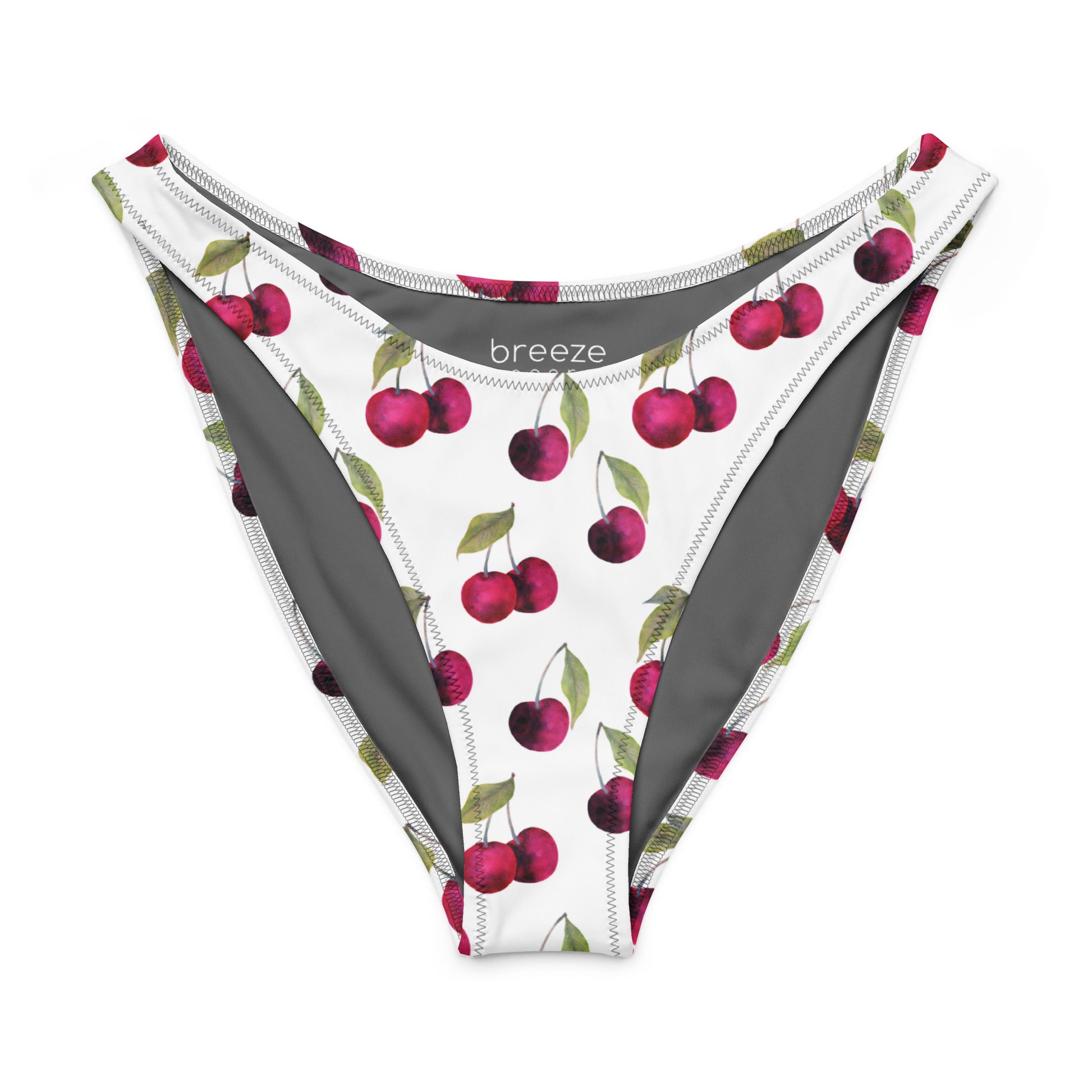 White bikini bottom with all-over cherries design. Interior is gray.