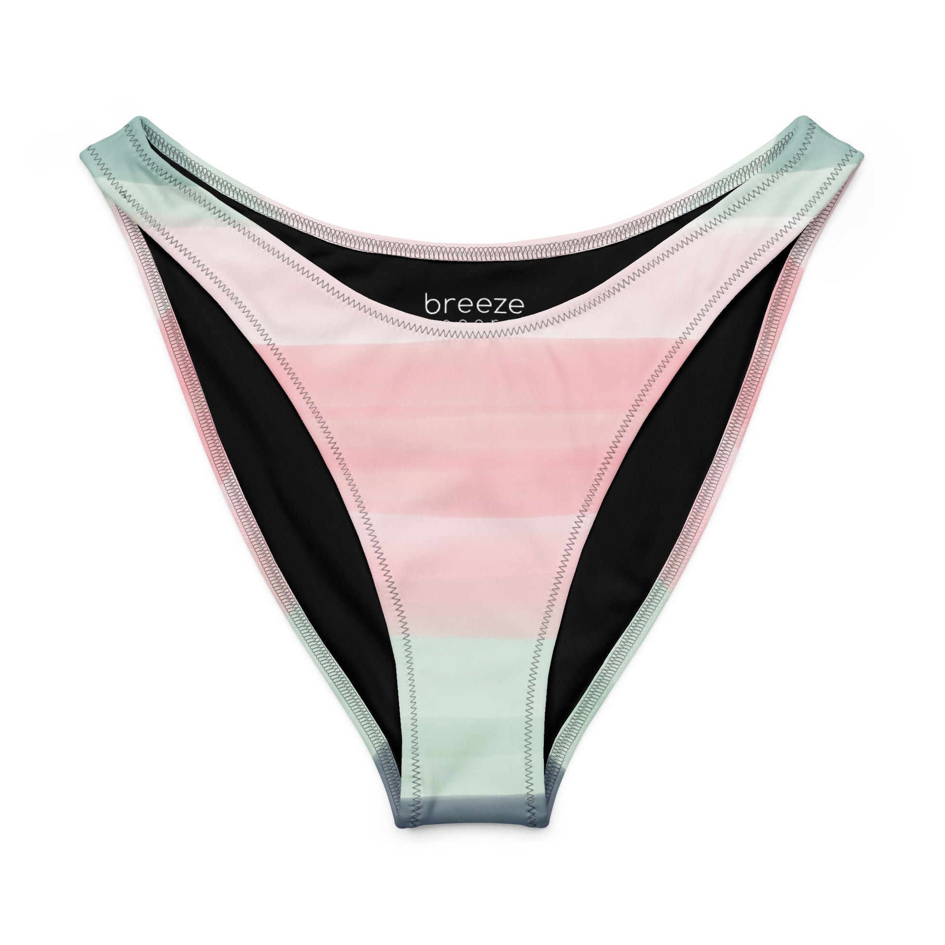 Bikini bottom with colors light pastel green, shades of pink, in stripes and in a watercolor style.