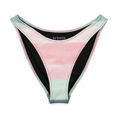 Bikini bottom with colors light pastel green, shades of pink, in stripes and in a watercolor style.