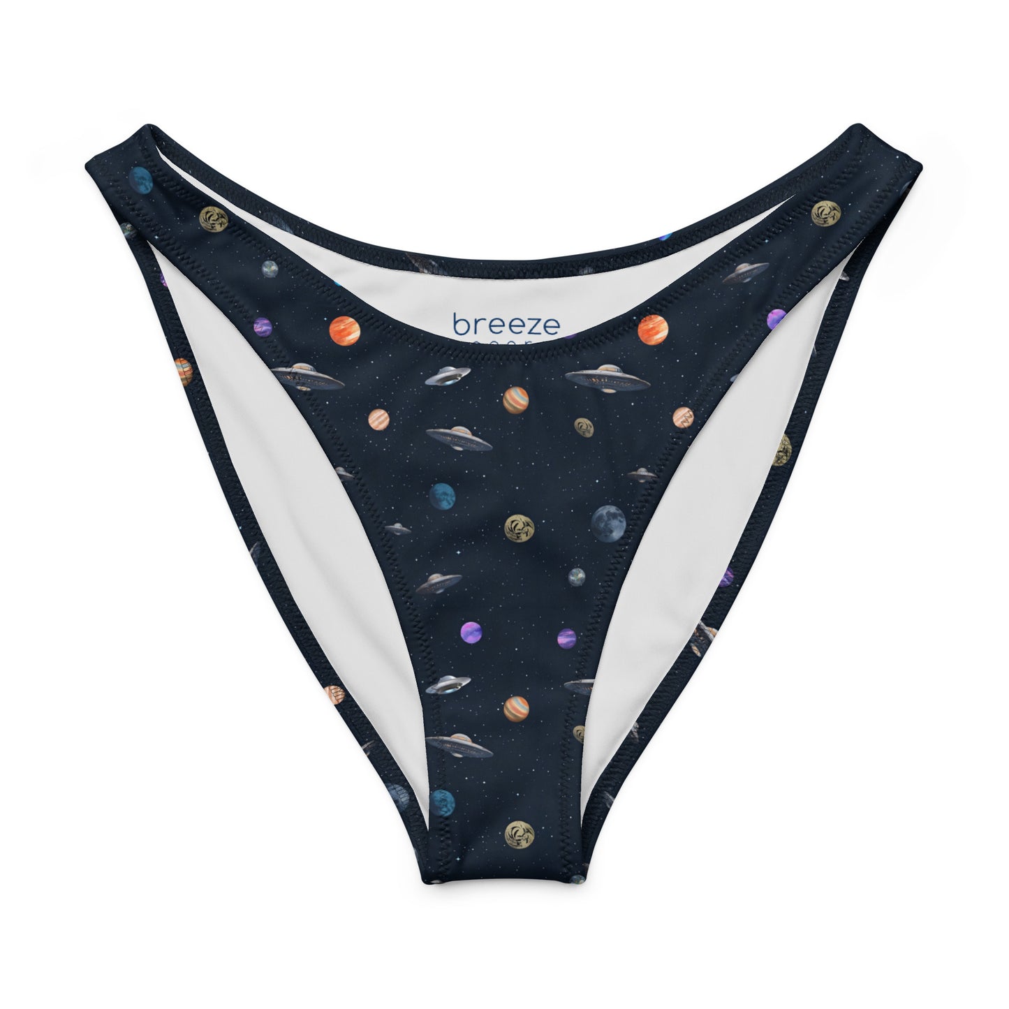 Bikini bottom with pattern of UFOs and planets in space.