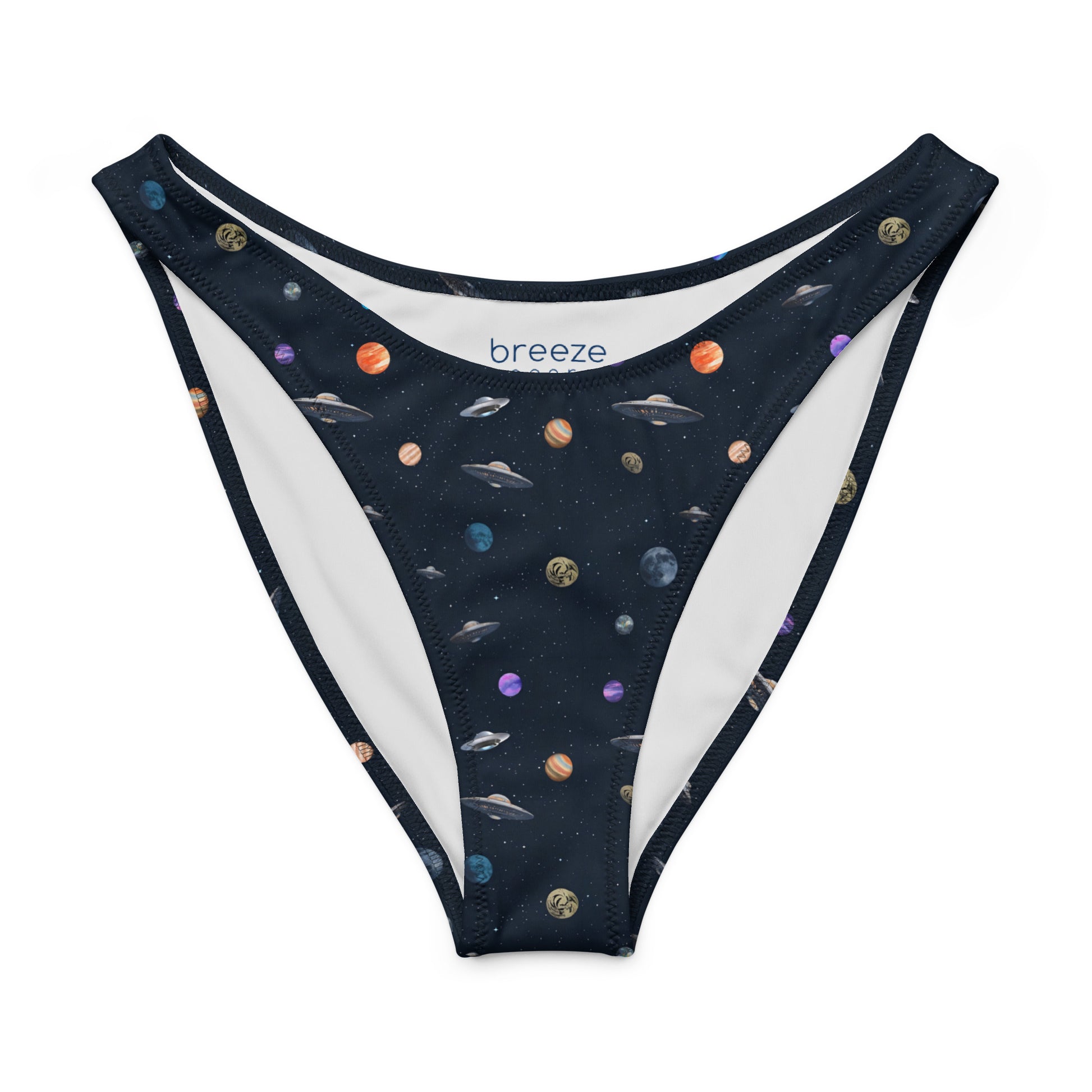 Bikini bottom with pattern of UFOs and planets in space.