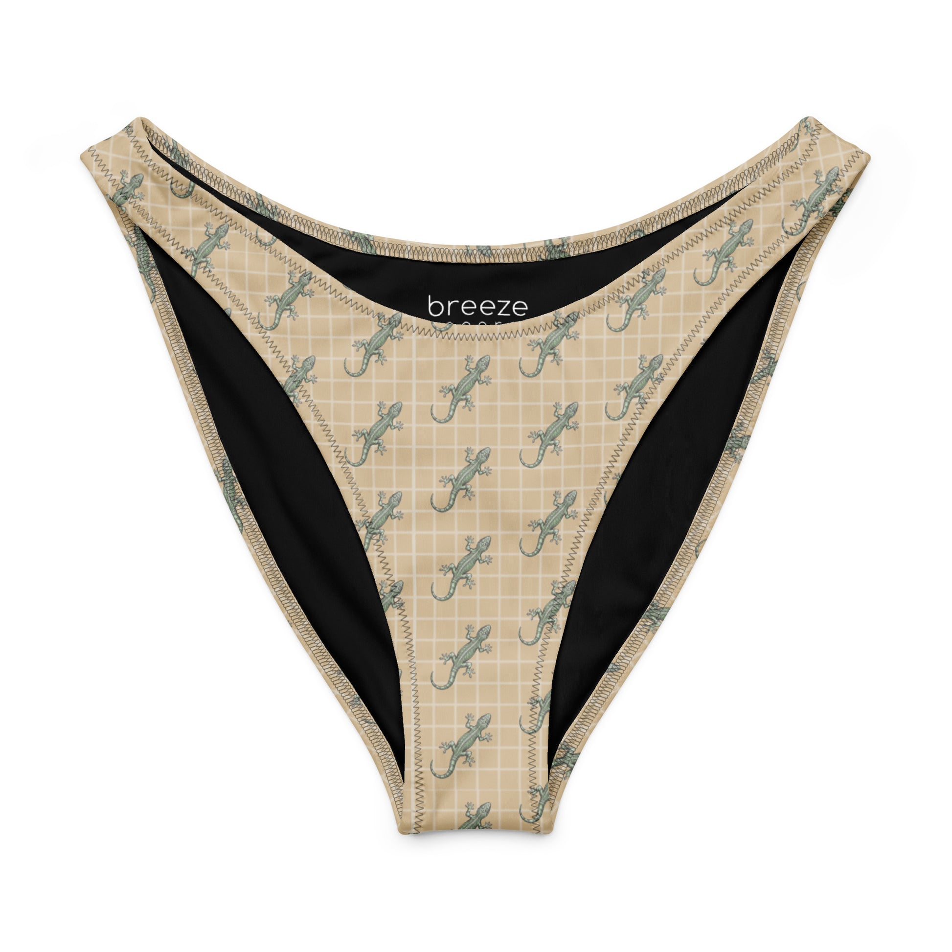 Beige bikini bottom with pattern of green geckos.