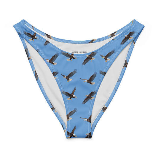 Blue bikini bottom with pattern of bald eagles.