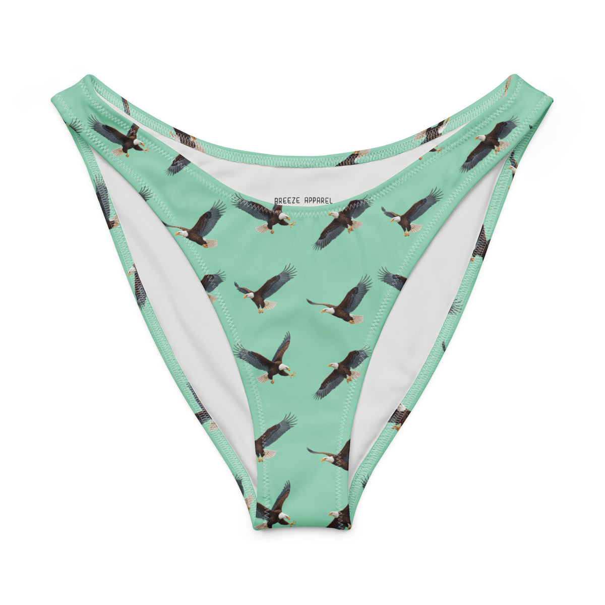 Green bikini bottom with pattern of bald eagles.