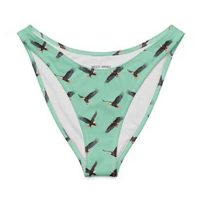 Green bikini bottom with pattern of bald eagles.