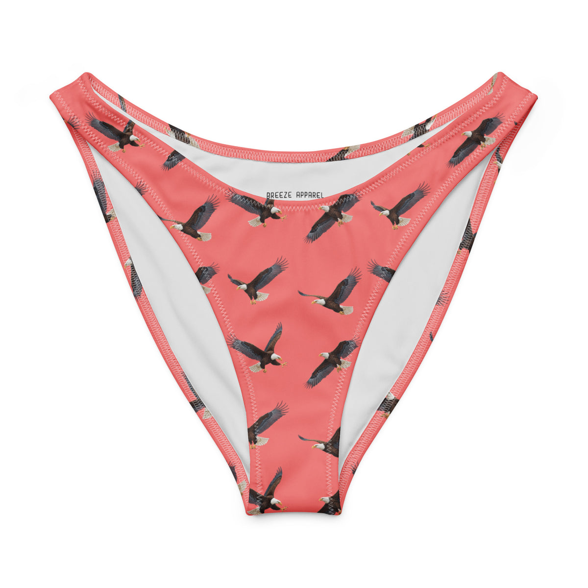 Red bikini bottom with pattern of bald eagles.