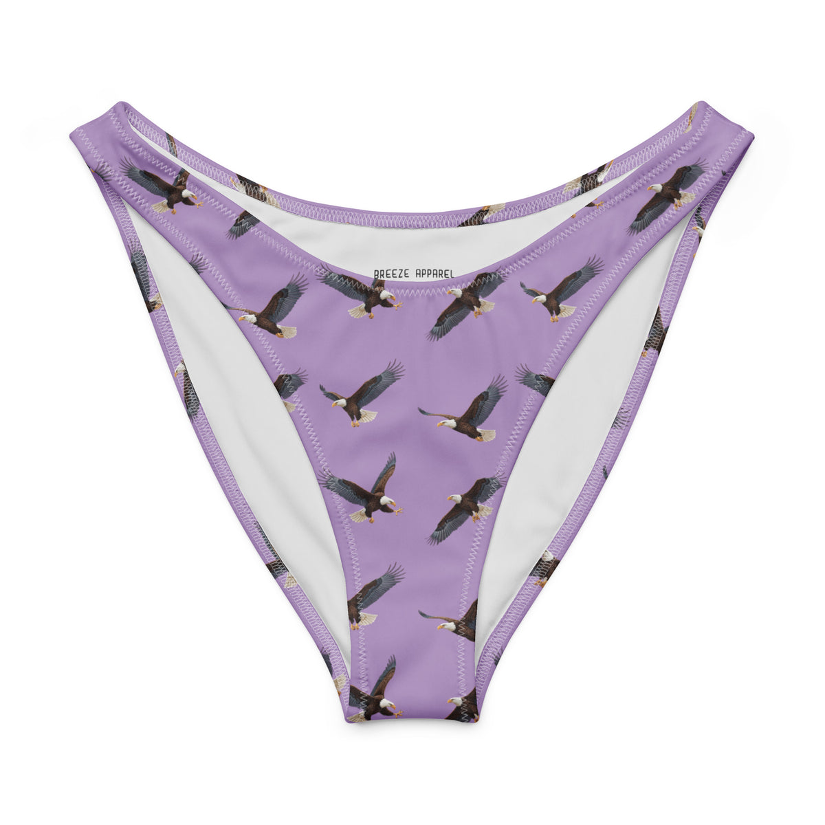 Purple bikini bottom with pattern of bald eagles.
