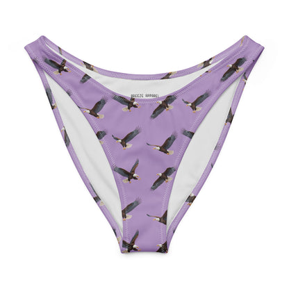 Purple bikini bottom with pattern of bald eagles.