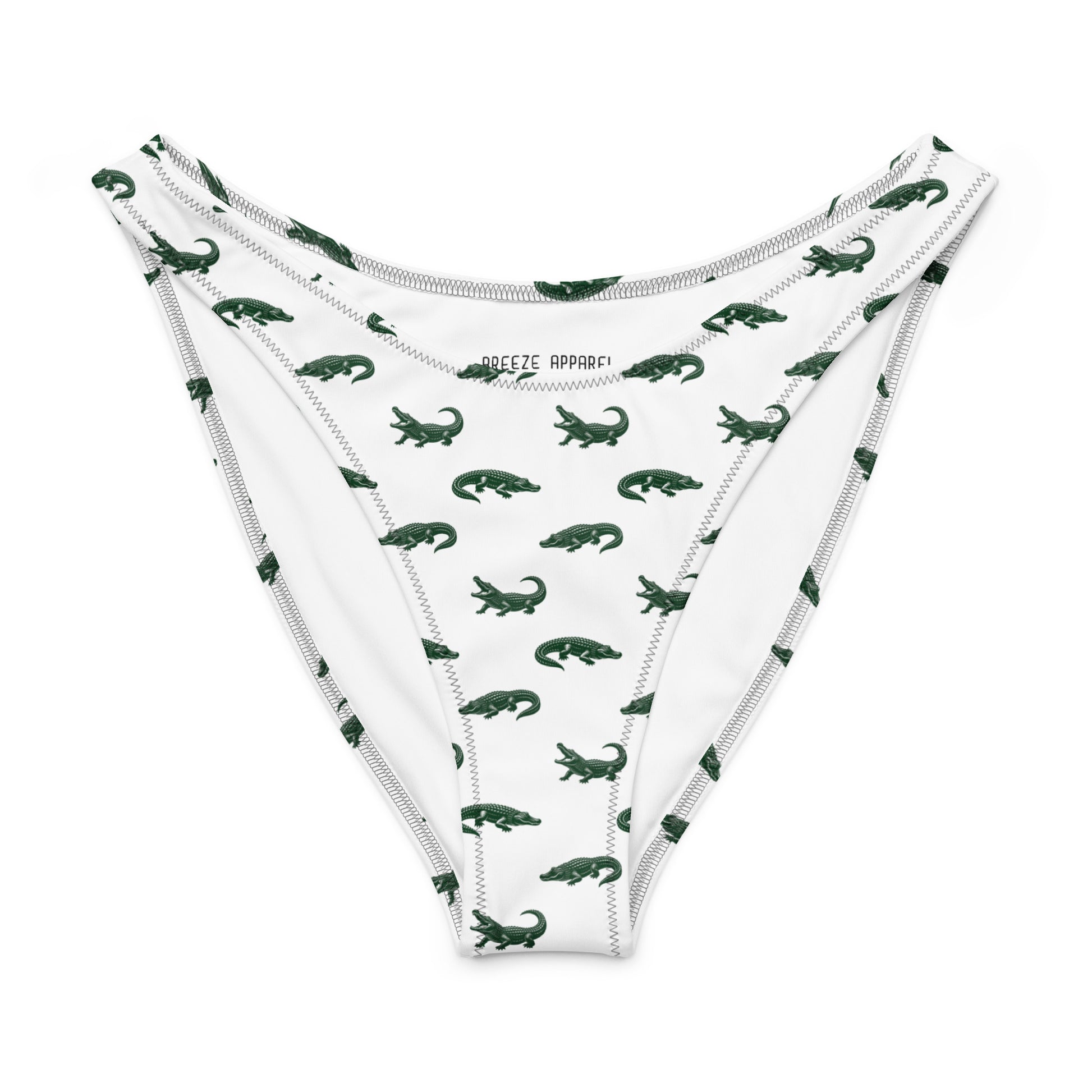 Bikini bottom with pattern of green alligators.
