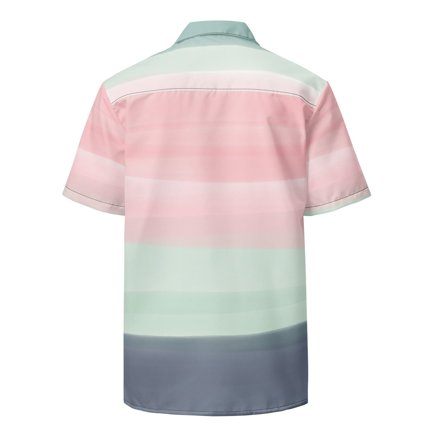 Back of button-down shirt with pattern of horizontal stripes that are a shade of pink, mint green, or gray, resembling a watercolor design.