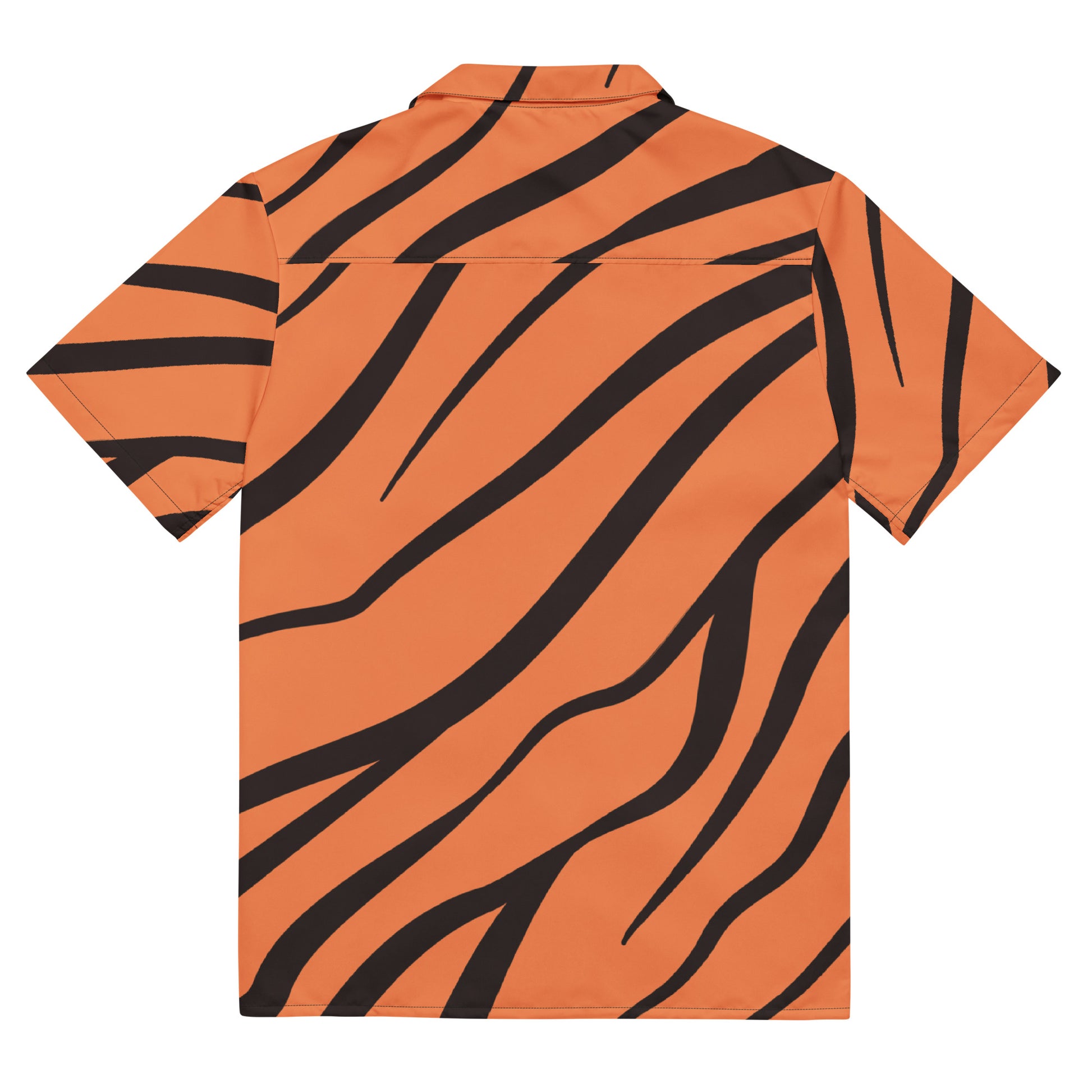 Back of button-down shirt with tigerskin pattern.