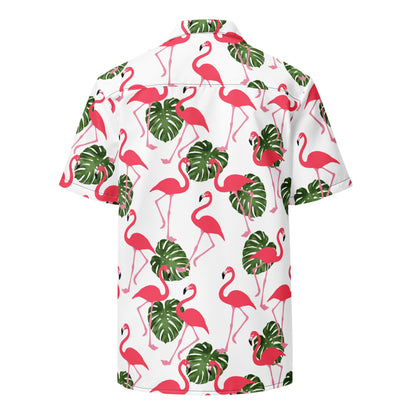 Back of button-down shirt with pattern of flamingos and green palm leaves set on a white background.